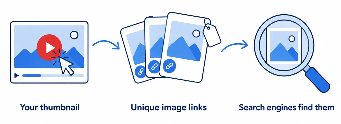 Your video thumbnail turns into several unique image links with EXIF data, which search engines then find.