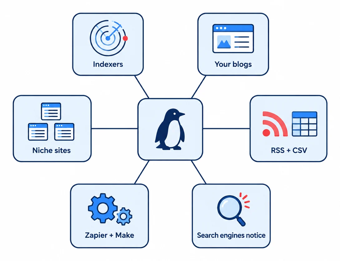 VidPenguin2 in the center, sending links to indexers, your blogs, niche sites, RSS and CSV files, and Zapier and Make, where search engines notice them.